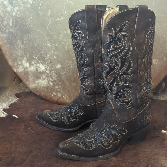 Corral Shoes - CORRAL R1152 distressed dark brown leather & black sequins cowgirl boots sz 7